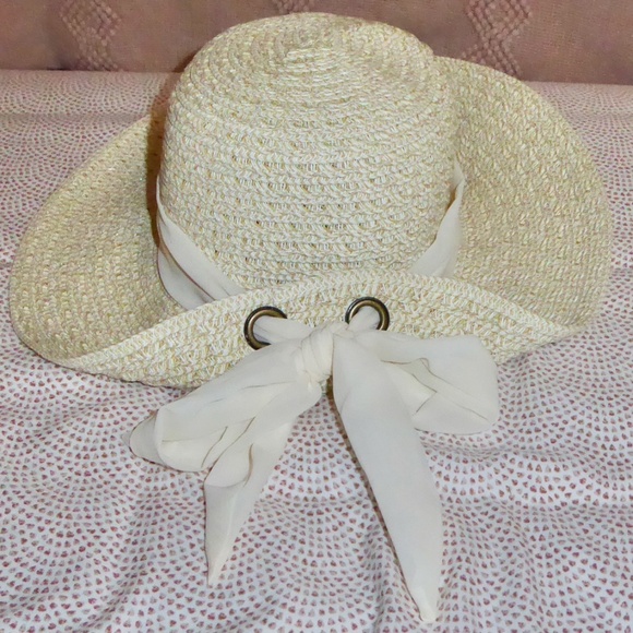 NINE WEST IVORY SUN HAT SCARF BOW FOLDED BACK FLOPPY FLIP UP O/S CREAM PACKABLE - Picture 2 of 8